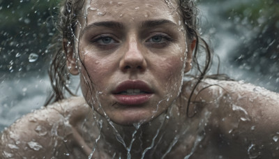 1girl, solo, looking at viewer, brown hair, parted lips, teeth, water, blurry, lips, blurry background, portrait, realistic