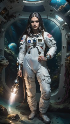 1girl,solo,long hair,looking at viewer,black hair,brown eyes,jewelry,standing,full body,star (symbol),black eyes,lips,hand on hip,bodysuit,ring,science fiction,realistic,nose,space,planet,earth (planet),american flag,spacecraft,spacesuit,astronaut,holding,boots,alien,space helmet