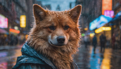 looking at viewer, outdoors, blurry, no humans, night, blurry background, animal, rain, dog, city, realistic, animal focus, clothed animal, shiba inu