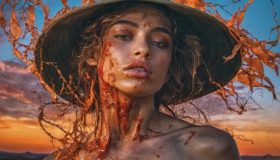 1girl,solo,looking at viewer,short hair,brown hair,black hair,hat,green eyes,collarbone,nude,outdoors,parted lips,sky,teeth,day,cloud,blurry,blue sky,lips,blood,blurry background,thick eyebrows,portrait,freckles,sunset,blood on face,realistic,nose,blue eyes,tree,black headwear,half-closed eyes,cloudy sky,branch,mole on cheek