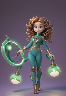 1girl,solo,long hair,breasts,looking at viewer,smile,simple background,brown hair,holding,closed mouth,green eyes,standing,full body,weapon,boots,armor,lips,gradient,gradient background,bodysuit,glowing,instrument,purple background,curly hair,lantern,green bodysuit