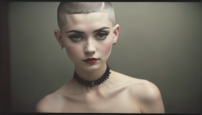 1girl,solo,looking at viewer,short hair,bare shoulders,brown eyes,jewelry,closed mouth,collarbone,upper body,grey hair,earrings,choker,lips,grey eyes,makeup,black choker,cross,lipstick,portrait,realistic,red lips,very short hair,cross earrings,black hair,pointy ears,undercut