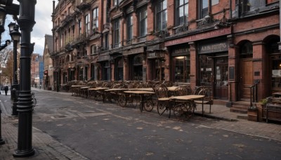 outdoors,sky,day,cloud,tree,no humans,window,shadow,sunlight,plant,ground vehicle,building,scenery,motor vehicle,stairs,city,sign,railing,road,bench,cityscape,shade,architecture,lamppost,street,pavement,storefront,blue sky,cloudy sky,potted plant,vanishing point,sidewalk