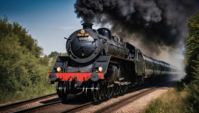 outdoors,sky,day,cloud,tree,military,no humans,grass,ground vehicle,nature,motor vehicle,forest,smoke,military vehicle,bush,tank,vehicle focus,caterpillar tracks,world war ii,blue sky,train,railroad tracks