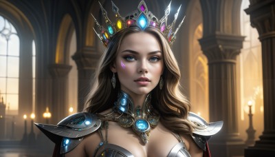 HQ,1girl,solo,long hair,breasts,looking at viewer,blue eyes,blonde hair,large breasts,brown hair,cleavage,jewelry,medium breasts,upper body,earrings,parted lips,artist name,indoors,armor,blurry,lips,window,makeup,watermark,facial mark,tiara,crown,lipstick,shoulder armor,gem,portrait,pauldrons,realistic,nose,fantasy,candle,shoulder pads,wavy hair,backlighting,architecture,pillar