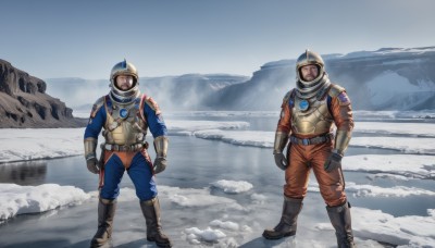 brown hair,gloves,standing,male focus,boots,outdoors,multiple boys,day,black gloves,pants,2boys,black footwear,armor,helmet,scenery,snow,clenched hands,mountain,ambiguous gender,2others,spacesuit,space helmet,weapon,science fiction,realistic,american flag