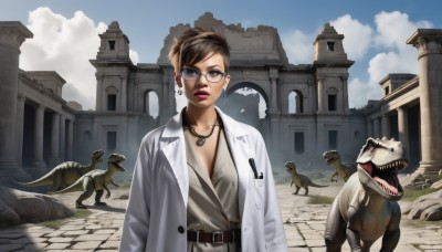 1girl,solo,breasts,looking at viewer,short hair,blue eyes,brown hair,shirt,cleavage,brown eyes,jewelry,earrings,outdoors,open clothes,sky,glasses,teeth,day,tongue,belt,cloud,necklace,blue sky,lips,coat,makeup,animal,cloudy sky,lipstick,building,walking,black-framed eyewear,dog,realistic,nose,labcoat,ruins,pillar,statue,arch,open mouth,medium breasts,mole,sharp teeth,skull,dinosaur