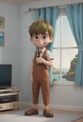 solo,looking at viewer,smile,short hair,blonde hair,brown hair,shirt,1boy,brown eyes,standing,full body,white shirt,short sleeves,male focus,necktie,shoes,collared shirt,indoors,water,window,brown footwear,thick eyebrows,suspenders,curtains,child,overalls,male child,television,desk,clock