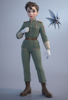 1girl,solo,looking at viewer,short hair,simple background,brown hair,gloves,long sleeves,brown eyes,closed mouth,standing,jacket,full body,boots,wings,belt,pants,white gloves,grey background,uniform,black eyes,high heels,lips,military,military uniform,makeup,buttons,shadow,brown footwear,bug,lipstick,green jacket,red lips,brown belt,fairy,green pants,1boy,white background,male focus,cross-laced footwear,medal,imperial japanese army