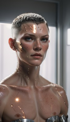 1girl,solo,breasts,looking at viewer,short hair,blue eyes,black hair,1boy,nipples,collarbone,upper body,male focus,dark skin,mole,blurry,dark-skinned female,lips,blurry background,freckles,science fiction,realistic,nose,android,very short hair,undercut,cyborg,dirty,robot joints,body freckles,jewelry,facial mark,genderswap,bandaid,backlighting,very dark skin,dark nipples,mechanical parts