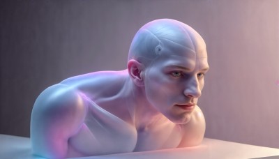 HQ,solo,blue eyes,1boy,closed mouth,green eyes,collarbone,upper body,male focus,nude,artist name,lips,realistic,nose,bald,white hair,muscular,science fiction