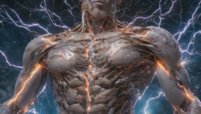 solo, 1boy, upper body, male focus, muscular, helmet, science fiction, realistic, electricity, cyborg, lightning