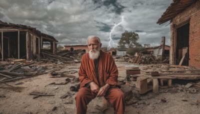 solo,1boy,holding,sitting,white hair,male focus,outdoors,japanese clothes,sky,cloud,tree,facial hair,cloudy sky,building,beard,realistic,mustache,bald,manly,ruins,house,old,old man,lightning,scenery,rock,electricity