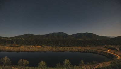 outdoors,sky,cloud,tree,no humans,night,grass,star (sky),nature,night sky,scenery,forest,starry sky,mountain,road,field,river,landscape,mountainous horizon,hill,water,ground vehicle,reflection,lake