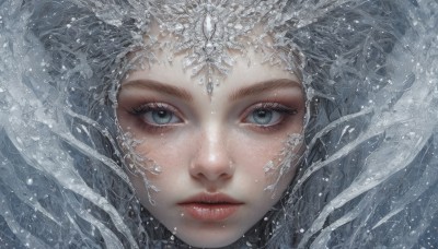 1girl,solo,looking at viewer,blue eyes,closed mouth,white hair,grey hair,water,lips,grey eyes,eyelashes,portrait,snow,close-up,ice,realistic,red lips,snowflakes,straight-on,expressionless,freckles,nose