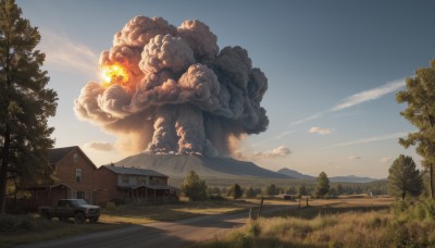 outdoors,sky,day,cloud,tree,blue sky,no humans,window,cloudy sky,grass,fire,ground vehicle,building,nature,scenery,motor vehicle,forest,smoke,sunset,mountain,fence,car,road,bush,explosion,house,street,truck