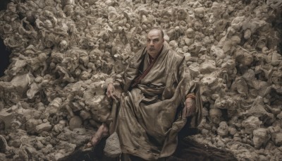 solo,looking at viewer,long sleeves,1boy,sitting,monochrome,white hair,male focus,japanese clothes,kimono,sash,facial hair,sandals,skull,bald,old,old man,too many,jewelry,barefoot,wide sleeves,bracelet,robe,brown theme