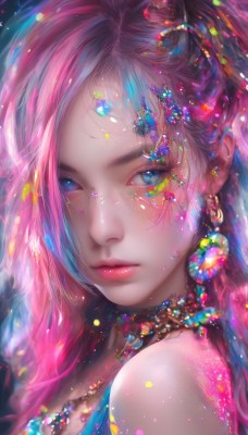 1girl,solo,long hair,looking at viewer,bangs,blue eyes,hair ornament,bare shoulders,jewelry,closed mouth,upper body,pink hair,multicolored hair,earrings,artist name,necklace,lips,eyelashes,makeup,lipstick,gem,portrait,eyeshadow,freckles,realistic,nose,red lips,colorful,mascara,blue hair,from side,looking to the side,watermark,light particles,beads,crystal,pink lips,pearl (gemstone)