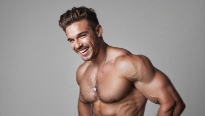 solo,looking at viewer,smile,short hair,open mouth,simple background,brown hair,black hair,1boy,jewelry,nipples,upper body,male focus,nude,earrings,teeth,grey background,necklace,grin,muscular,facial hair,abs,pectorals,muscular male,bara,beard,large pectorals,topless male,mature male,realistic,manly,undercut,chest hair,dog tags,arm hair,brown eyes,heart,tattoo,veins,body hair