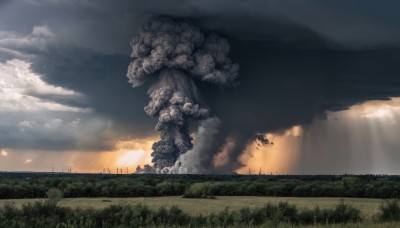 outdoors,sky,day,cloud,tree,no humans,sunlight,cloudy sky,grass,nature,scenery,smoke,sunset,monster,light rays,mountain,giant,field,landscape,fire