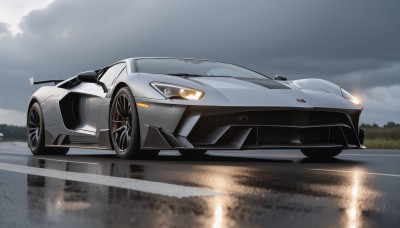 outdoors,sky,cloud,no humans,cloudy sky,ground vehicle,motor vehicle,reflection,car,road,vehicle focus,grey sky,wheel,sports car,from side,tree,scenery