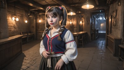 1girl,solo,long hair,looking at viewer,bangs,skirt,brown hair,shirt,black hair,long sleeves,holding,twintails,brown eyes,standing,white shirt,braid,pleated skirt,parted lips,indoors,black skirt,black eyes,vest,twin braids,lips,chair,table,hair over shoulder,lantern,lamp,blue eyes,makeup,realistic,nose,blue vest