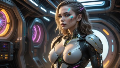 HQ,1girl,solo,long hair,breasts,looking at viewer,blue eyes,blonde hair,large breasts,brown hair,hair ornament,cleavage,jewelry,medium breasts,upper body,earrings,parted lips,armor,lips,bodysuit,makeup,glowing,science fiction,realistic,nose,cyborg,black hair,hairclip,facial mark,lipstick,eyeshadow,cable,cyberpunk,hologram