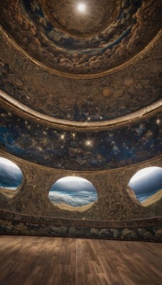 outdoors,sky,cloud,water,star (symbol),no humans,night,moon,star (sky),night sky,scenery,starry sky,wooden floor,mountain,fantasy,architecture,bridge,planet,pillar,landscape,indoors,reflection,space,still life