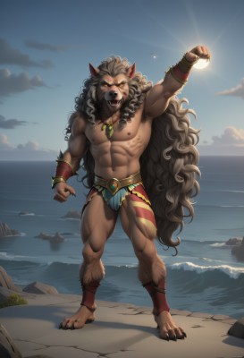 solo,long hair,looking at viewer,open mouth,brown hair,red eyes,1boy,navel,animal ears,jewelry,very long hair,nipples,standing,full body,male focus,thighs,earrings,outdoors,sky,teeth,cloud,water,necklace,arm up,bracelet,tattoo,muscular,glowing,ocean,fangs,beach,thick thighs,abs,thick eyebrows,cloudy sky,pectorals,muscular male,bara,claws,pelvic curtain,furry,colored sclera,large pectorals,bulge,topless male,rock,sand,sun,bracer,furry male,lion ears,biceps,brown fur,lion boy,yellow eyes,barefoot,armpits,orange eyes,sunlight,glowing eyes,beard,pendant,curly hair,big hair,chest hair