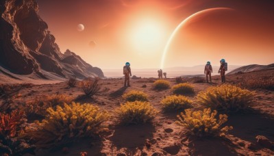 1boy,blue hair,standing,outdoors,multiple boys,sky,hood,bag,from behind,moon,backpack,scenery,walking,science fiction,sunset,rock,mountain,sun,wide shot,multiple others,ambiguous gender,spacesuit,desert,astronaut,multiple girls,2girls,2boys,bodysuit,helmet,grass,sand,horizon,planet,orange sky,red sky,space helmet