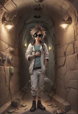 solo,looking at viewer,short hair,blonde hair,brown hair,shirt,1boy,standing,jacket,full body,male focus,boots,open clothes,belt,pants,indoors,black footwear,tattoo,phone,sunglasses,white jacket,blue shirt,spiked hair,black belt,hand in pocket,white pants,hands in pockets,door,labcoat,cable,arm tattoo,cyborg,stethoscope,neck tattoo,industrial pipe,alley,doctor