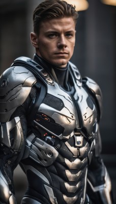 solo,looking at viewer,short hair,brown hair,1boy,brown eyes,closed mouth,upper body,male focus,armor,blurry,bodysuit,blurry background,science fiction,realistic,cyborg,power armor,black hair,muscular,facial hair,muscular male,stubble