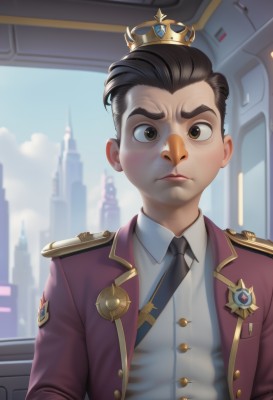 solo,looking at viewer,short hair,brown hair,shirt,black hair,1boy,brown eyes,closed mouth,jacket,white shirt,upper body,male focus,open clothes,necktie,sky,day,collared shirt,artist name,cloud,indoors,uniform,open jacket,window,blurry background,thick eyebrows,crown,building,black necktie,red jacket,freckles,epaulettes,badge,medal,blurry,purple jacket