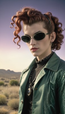 1girl,solo,short hair,brown hair,shirt,jewelry,jacket,upper body,red hair,hairband,earrings,outdoors,open clothes,necklace,blurry,open jacket,lips,black shirt,makeup,blurry background,wavy hair,sunglasses,lipstick,curly hair,hoop earrings,green jacket,realistic,field,looking at viewer,parted lips,sky,artist name,depth of field,pendant,backlighting,aviator sunglasses