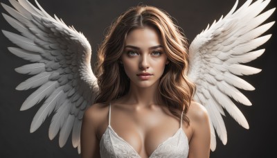 1girl,solo,long hair,breasts,looking at viewer,blue eyes,blonde hair,simple background,brown hair,cleavage,bare shoulders,brown eyes,medium breasts,closed mouth,underwear,collarbone,upper body,wings,lips,wavy hair,lingerie,black background,feathered wings,angel wings,realistic,nose,white wings,angel