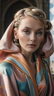 1girl,solo,long hair,looking at viewer,blue eyes,blonde hair,dress,brown eyes,closed mouth,upper body,braid,outdoors,sky,day,cloud,blurry,twin braids,blue sky,lips,eyelashes,blurry background,veil,hair over shoulder,freckles,realistic,nose,traditional clothes,brown hair,hood,sunlight,forehead,multiple braids