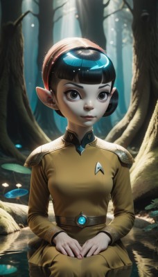 1girl,solo,breasts,looking at viewer,short hair,bangs,black hair,long sleeves,dress,brown eyes,sitting,closed mouth,hairband,small breasts,outdoors,pointy ears,belt,artist name,signature,blunt bangs,water,armor,black eyes,tree,lips,eyelashes,watermark,nature,forest,freckles,realistic,nose,mushroom,hands on lap,brown hair,nail polish,uniform,military,military uniform,leaf,sunlight,child,epaulettes,lily pad,pond,log