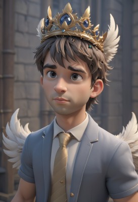 solo,short hair,brown hair,shirt,1boy,brown eyes,closed mouth,jacket,white shirt,upper body,short sleeves,male focus,wings,necktie,collared shirt,indoors,blurry,black eyes,blurry background,facial hair,thick eyebrows,crown,blue jacket,feathered wings,freckles,angel wings,realistic,nose,white wings,male child,yellow necktie,brown necktie,looking at viewer,bangs,outdoors,striped,artist name,formal,suit,gem,brick wall