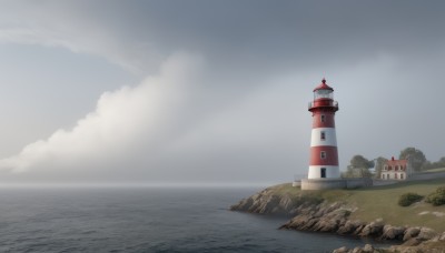 outdoors,sky,day,cloud,water,tree,blue sky,no humans,ocean,grass,building,nature,scenery,rock,mountain,horizon,house,river,castle,tower,landscape,cliff,scarlet devil mansion,cloudy sky,road,bush,shore,path,lighthouse