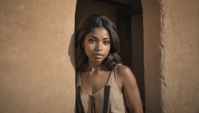 1girl,solo,long hair,looking at viewer,brown hair,black hair,bare shoulders,brown eyes,jewelry,closed mouth,collarbone,upper body,earrings,dark skin,medium hair,flat chest,dark-skinned female,lips,suspenders,curly hair,realistic,against wall,wall,breasts,smile,zipper