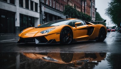 outdoors,blurry,tree,no humans,ground vehicle,building,scenery,motor vehicle,reflection,rain,city,realistic,car,road,vehicle focus,lamppost,street,wheel,sports car,puddle