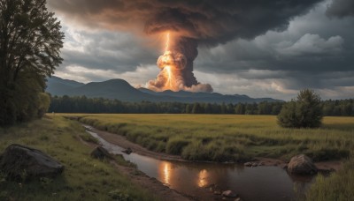 outdoors,sky,day,cloud,water,tree,no humans,cloudy sky,grass,fire,nature,scenery,forest,smoke,reflection,rock,mountain,river,landscape,lake,burning