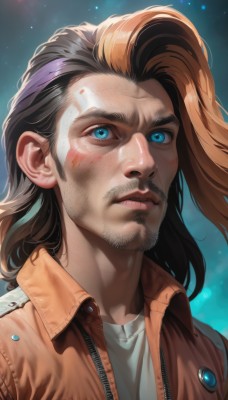 solo,long hair,looking at viewer,bangs,blue eyes,brown hair,shirt,black hair,1boy,jacket,white shirt,upper body,male focus,multicolored hair,open clothes,shiny,artist name,orange hair,two-tone hair,open jacket,facial hair,portrait,grey shirt,beard,brown jacket,realistic,mustache,stubble,dirty,dirty face,closed mouth,medium hair,lips,gradient background,glowing,red jacket,zipper,nose