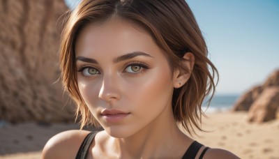 1girl,solo,looking at viewer,smile,short hair,brown hair,brown eyes,jewelry,closed mouth,yellow eyes,earrings,outdoors,day,blurry,lips,eyelashes,blurry background,beach,tank top,portrait,freckles,rock,realistic,nose,sand,stud earrings,desert,bare shoulders,parted lips,sky,blue sky,depth of field,thick eyebrows,close-up