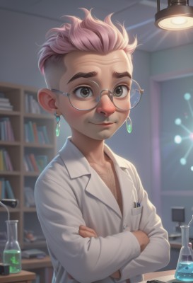 solo,looking at viewer,smile,short hair,shirt,long sleeves,1boy,brown eyes,jewelry,closed mouth,white shirt,upper body,pink hair,male focus,earrings,glasses,indoors,blurry,grey eyes,book,blurry background,crossed arms,child,round eyewear,labcoat,bookshelf,male child,undercut,chest hair,test tube,flask,green eyes,artist name,lips,scar,thick eyebrows