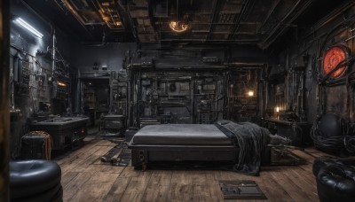 indoors,book,no humans,window,bed,chair,table,scenery,science fiction,wooden floor,realistic,bookshelf,lamp,cable,crate