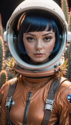 1girl,solo,breasts,looking at viewer,short hair,bangs,black hair,brown eyes,blue hair,upper body,flower,parted lips,blurry,lips,eyelashes,blurry background,helmet,zipper,science fiction,realistic,spacesuit,space helmet,astronaut,artist name,signature,blunt bangs,bob cut,reflection,nose,emblem,pilot suit,pilot