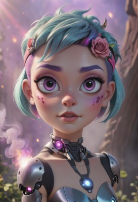 1girl,solo,breasts,looking at viewer,short hair,hair ornament,jewelry,blue hair,purple eyes,upper body,pink hair,purple hair,flower,multicolored hair,small breasts,parted lips,horns,teeth,choker,hair flower,pink eyes,necklace,blurry,two-tone hair,lips,eyelashes,aqua hair,makeup,blurry background,rose,portrait,pink flower,eyeshadow,smoke,freckles,science fiction,nose,android,eyeliner,joints,mechanical arms,pink rose,cyborg,robot joints,mascara,cyberpunk,mechanical parts,earrings,outdoors,green hair,artist name,sunlight,thick eyebrows,lipstick,backlighting,pink lips,dirty,dirty face