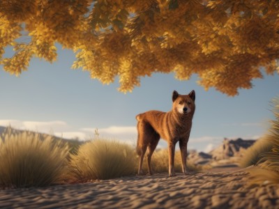 solo,outdoors,sky,day,blurry,tree,blue sky,no humans,depth of field,animal,leaf,grass,nature,scenery,dog,realistic,autumn leaves,animal focus,autumn,looking at viewer,standing,signature,blurry foreground,mountain