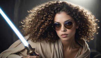 1girl,solo,long hair,looking at viewer,brown hair,black hair,holding,brown eyes,collarbone,upper body,weapon,parted lips,glasses,sword,dark skin,holding weapon,dark-skinned female,lips,parody,holding sword,sunglasses,science fiction,curly hair,robe,realistic,tinted eyewear,energy sword,afro,aviator sunglasses,lightsaber,blue eyes,teeth,hood,medium hair,wavy hair,portrait,cloak,nose,animification